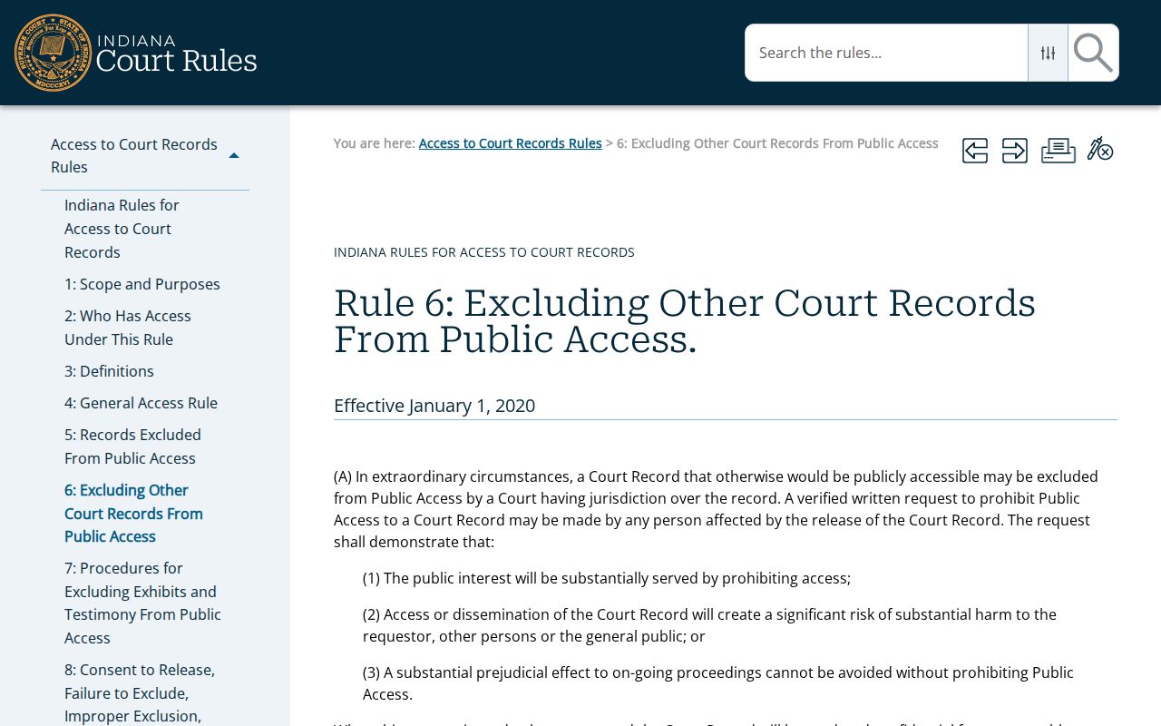 Indiana Access Rule 6 extraordinary circumstances process