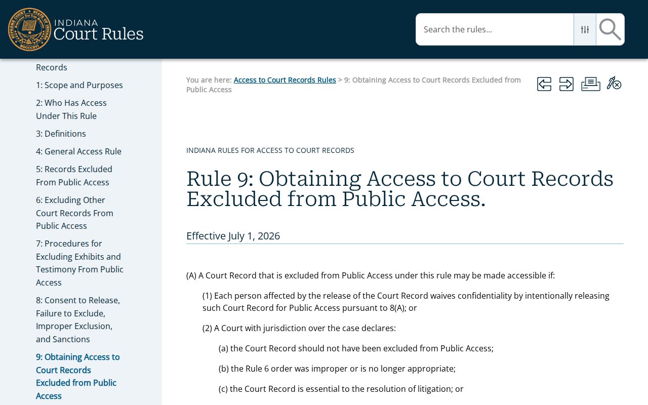 Indiana Access Rule 9 request process for excluded court records
