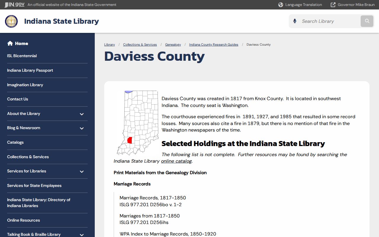 Indiana State Library guide to older Daviess County records