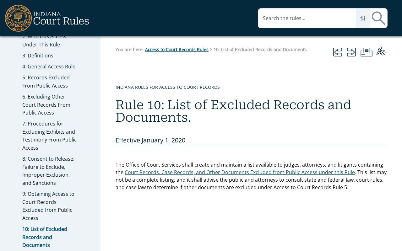 Indiana Access Rule 10 excluded-record list