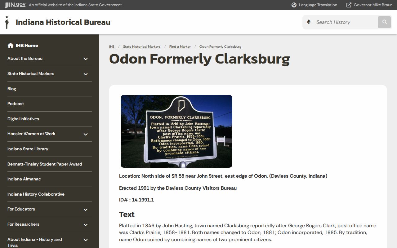 Indiana historical marker describing Odon formerly as Clarksburg