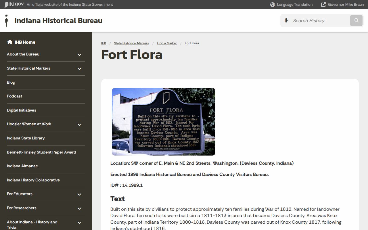 Official Fort Flora marker information for Washington